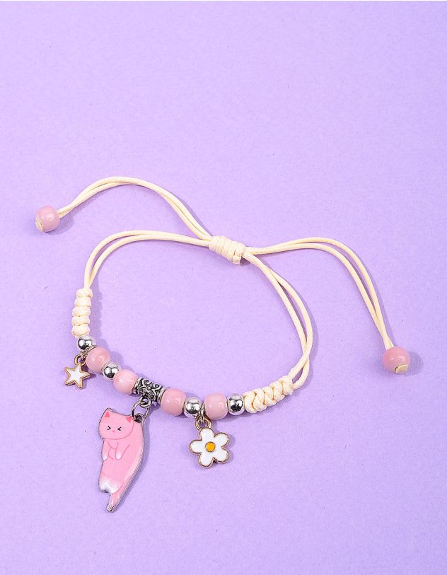 Браслет на руку плетений з кулонами у вигляді кицьки та ромашки | 257603-14-XX - A-SHOP