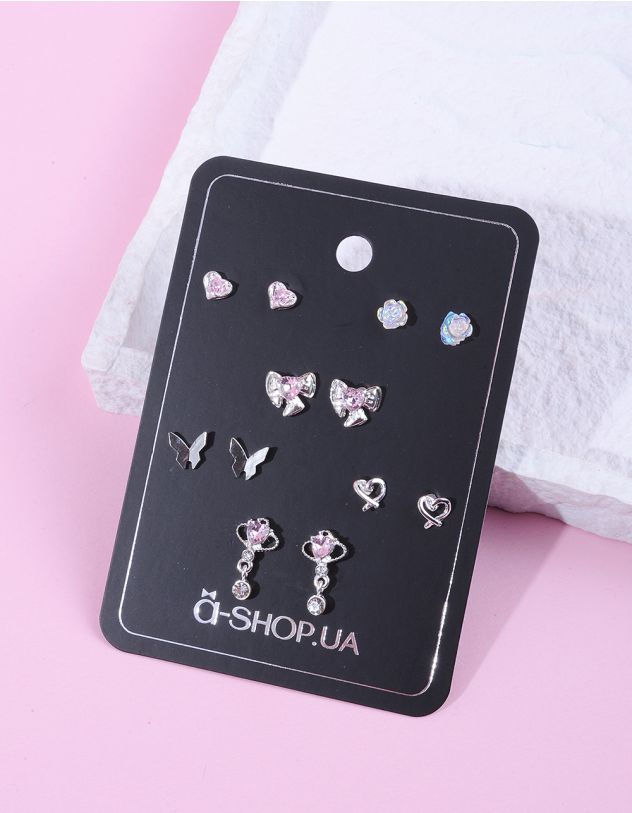 Сережки пусети у наборі у вигляді банта та сердець з метеликами | 261760-70-XX - A-SHOP