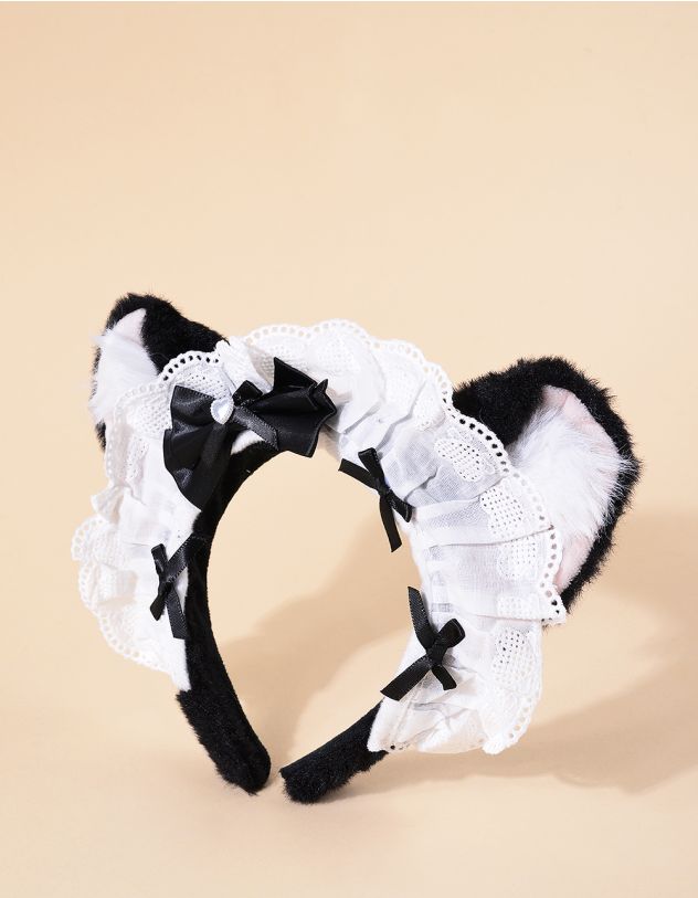Обідок для волосся хутряний з вушками та бантом на мереживі | 264762-02-XX - A-SHOP