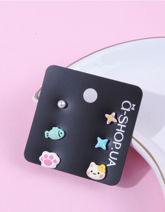 Сережки пусети у наборі  у вигляді котика з лапкою | 261751-21-XX - A-SHOP