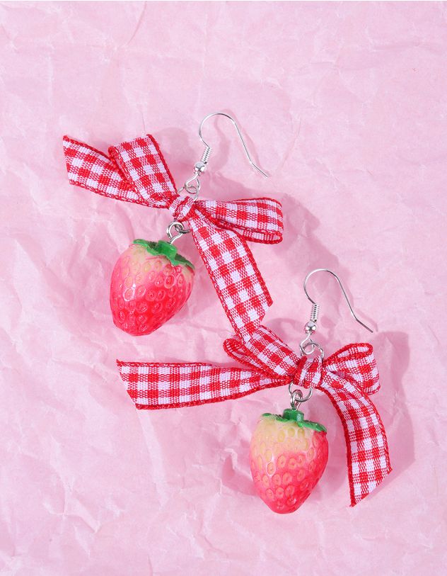 Сережки у вигляді полуниці з бантом у клітинку | 267294-15-XX - A-SHOP