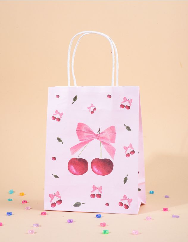 Пакет подарунковий 21 х 16 х 8см з принтом вишні та банта | 266681-14-XX - A-SHOP