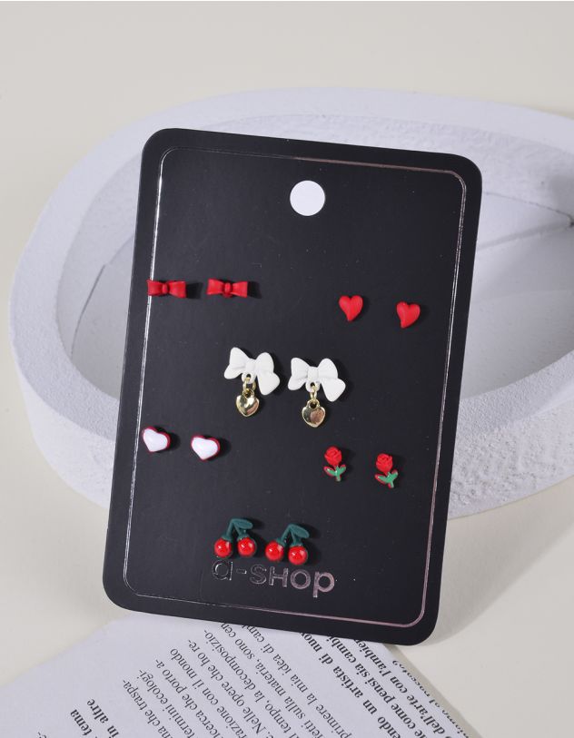 Сережки пусети у наборі у вигляді банта та серця з вишнею | 263379-21-XX - A-SHOP