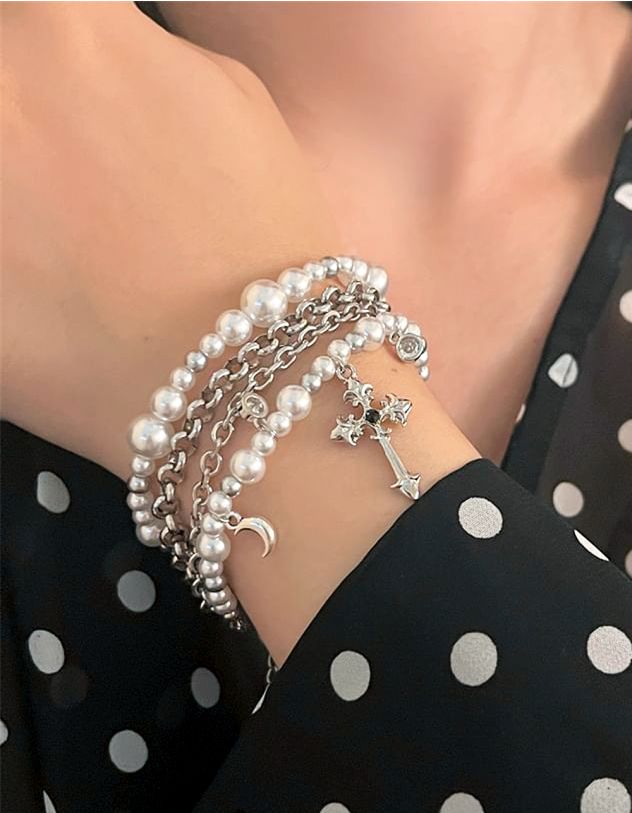 Браслет на руку із ланцюжка та перлин з підвіскою у вигляді хреста | 266805-05-XX - A-SHOP