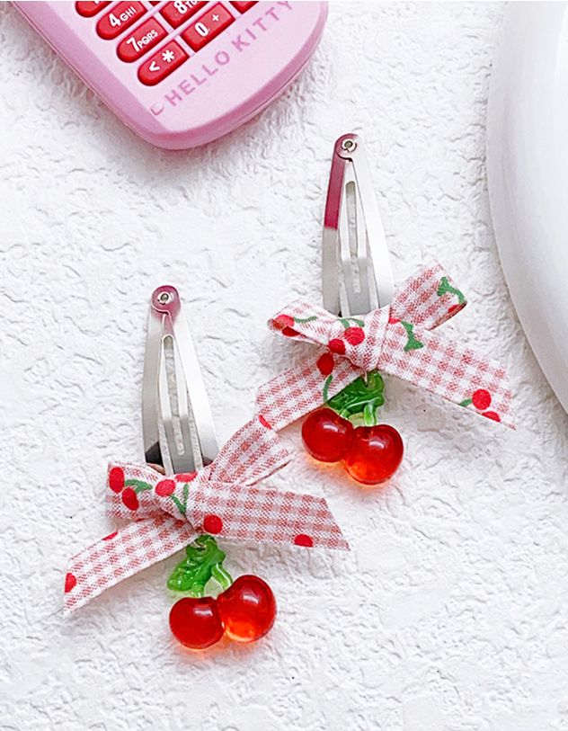 Заколка для волосся парна з бантом у клітинку та вишнею | 262502-15-XX - A-SHOP