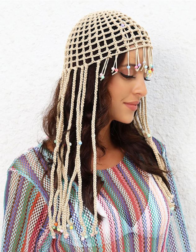 Шапка біні плетена з бісером на косах | 267379-22-XX - A-SHOP