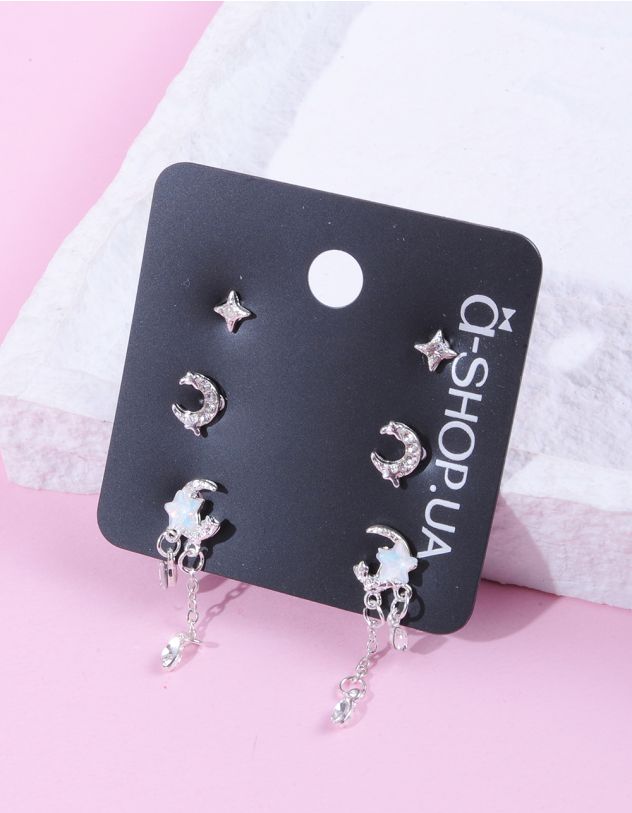 Сережки пусети у наборі у вигляді зірки та півмісяця з ланцюжком | 261722-64-XX - A-SHOP
