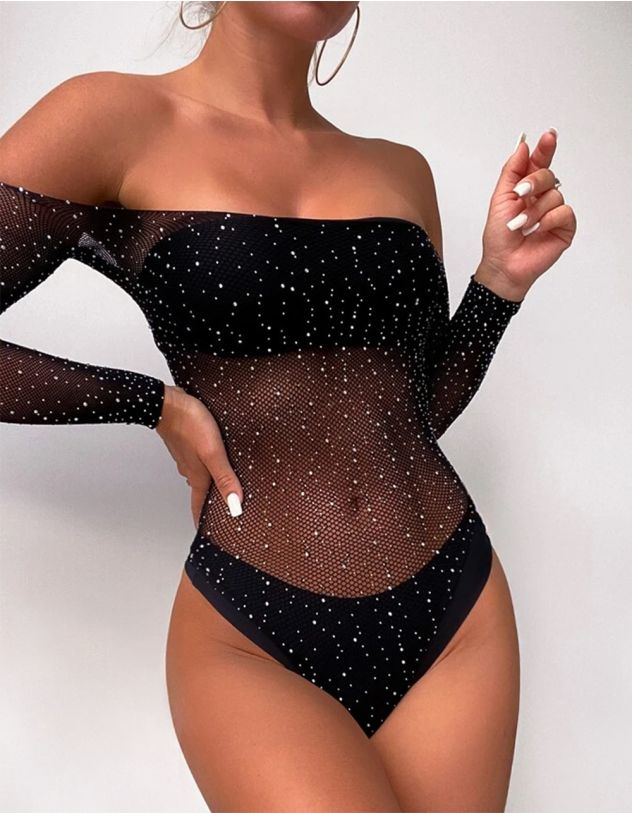 Боді у сітку декороване стразами | 255748-02-21 - A-SHOP