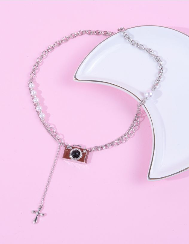Підвіска на шию із ланцюжків з перлинами з кулоном у вигляді фотокамери та хреста | 263619-05-XX - A-SHOP
