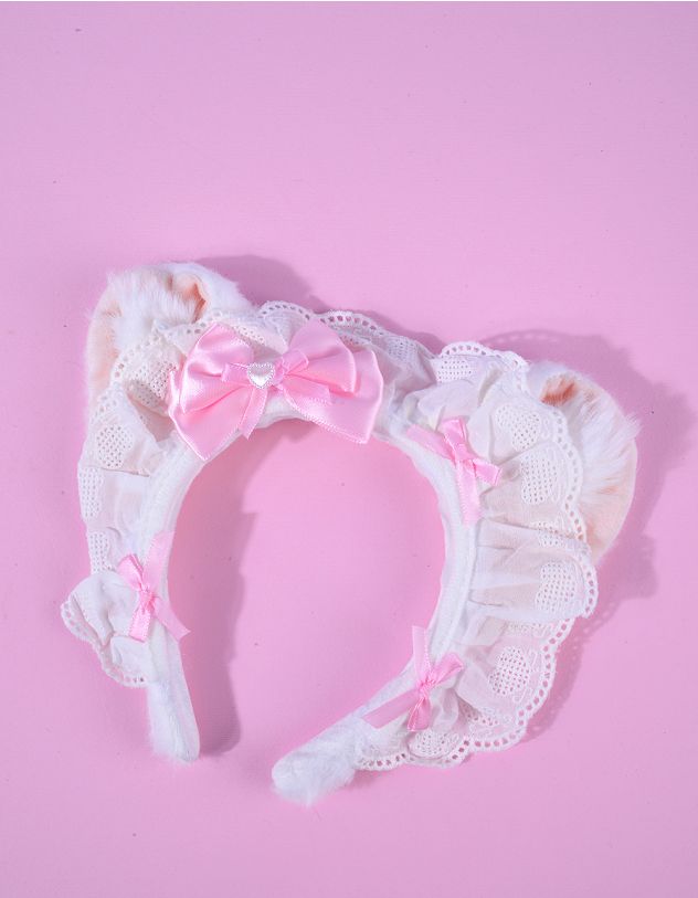 Обідок для волосся хутряний з вушками та бантом на мереживі | 264762-01-XX - A-SHOP