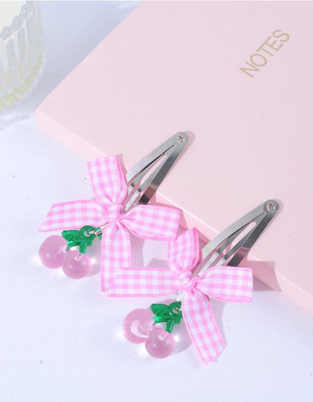 Заколка для волосся парна з бантом у клітинку та вишнею | 262502-14-XX - A-SHOP