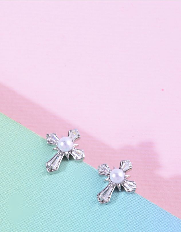 Сережки пусети у вигляді хреста з перлиною | 266009-05-XX - A-SHOP