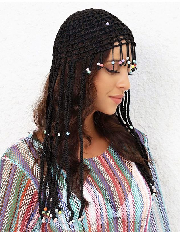 Шапка біні плетена з бісером на косах | 267379-02-XX - A-SHOP