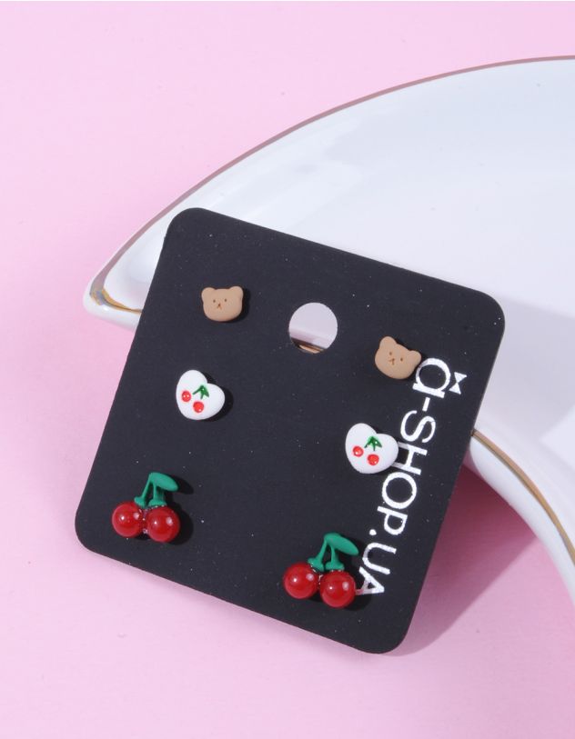 Сережки пусети у наборі  у вигляді ведмедика та вишні | 263436-21-XX - A-SHOP
