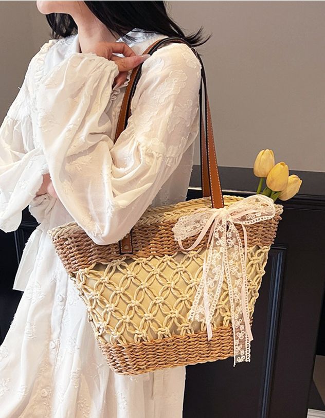 Сумка шопер зі штучної соломи з мереживним бантом | 264757-40-XX - A-SHOP