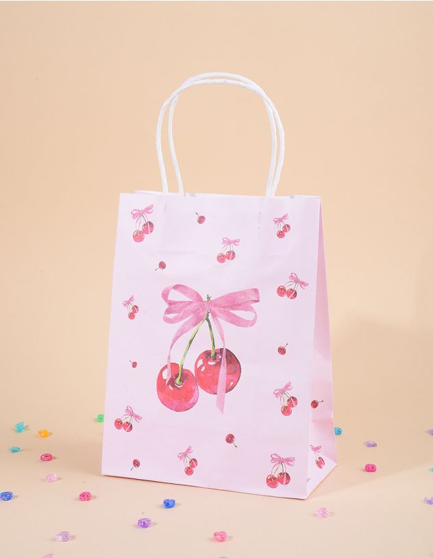 Пакет подарунковий 21 х 16 х 8см з принтом вишні та банта | 266681-15-XX - A-SHOP