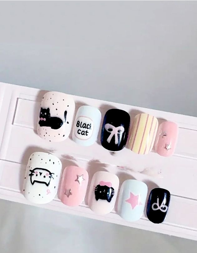 Нігті накладні з малюнком котиків та бантів | 262550-21-01 - A-SHOP
