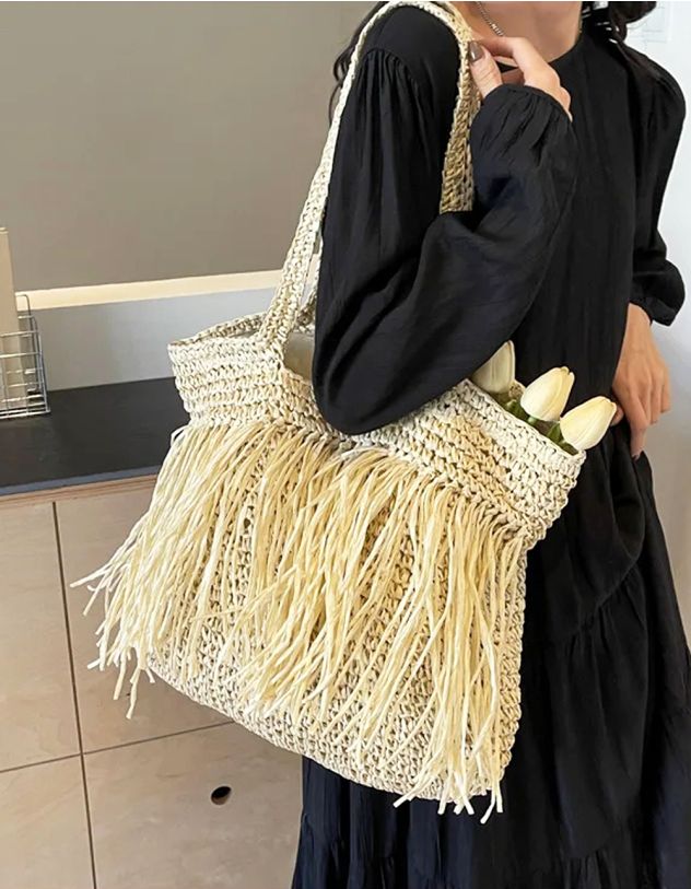 Сумка шопер зі штучної соломи з бахромою | 265412-22-XX - A-SHOP