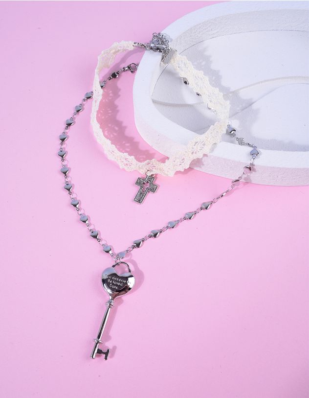 Підвіска на шию з мереживним чокером з кулоном у вигляді хреста та ключа | 265410-05-XX - A-SHOP