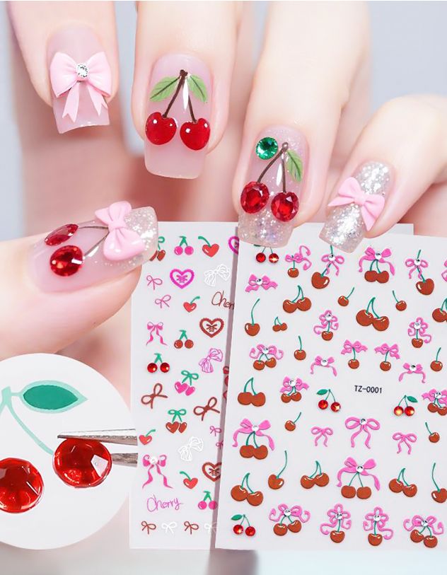 Наліпки на нігті у вигляді вишні з бантом | 267804-01-XX - A-SHOP