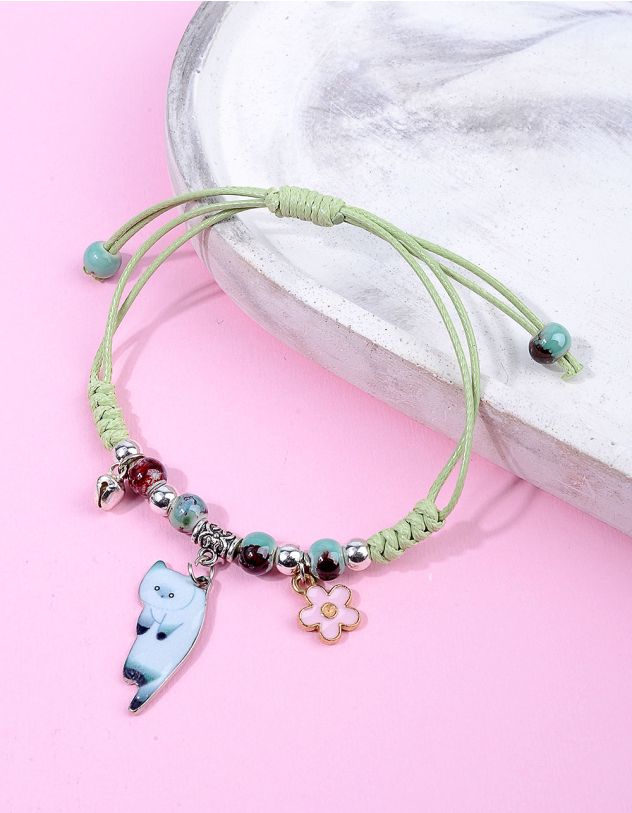 Браслет на руку плетений з кулонами у вигляді кицьки та ромашки | 257603-20-XX - A-SHOP