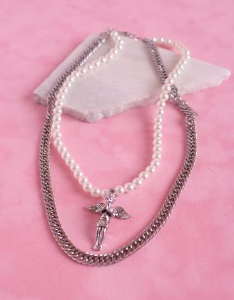 Підвіска на шию подвійна із перлин та ланцюжка з кулоном у вигляді янгола | 252516-06-XX - A-SHOP