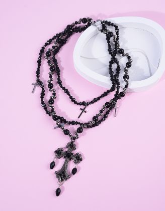 Підвіска на шию із бісеру та намистин багатошарова з хрестом | 265402-02-XX - A-SHOP