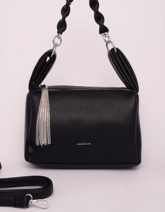 Сумка на плече з плетеною ручкою та китицею у стразах | 249799-02-XX - A-SHOP