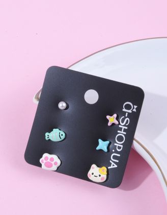 Сережки пусети у наборі у вигляді котика з лапкою | 261751-21-XX - A-SHOP