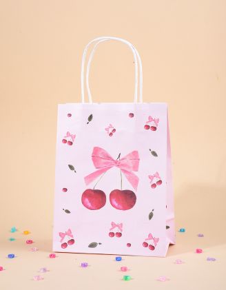 Пакет подарунковий 21 х 16 х 8см з принтом вишні та банта | 266681-14-XX - A-SHOP
