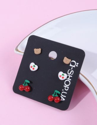 Сережки пусети у наборі у вигляді ведмедика та вишні | 263436-21-XX - A-SHOP