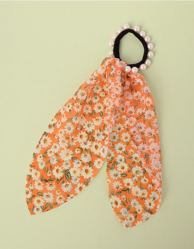 Резинка для волосся декорована перлинами з бантом у квітковий принт | 250955-26-XX - A-SHOP