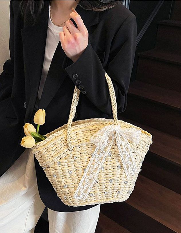 Сумка шопер зі штучної соломи з мереживним бантом у стразах | 264758-40-XX - A-SHOP