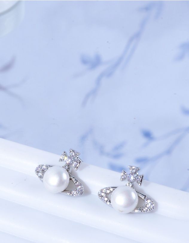 Сережки пусети у вигляді Сатурна з перлиною | 263366-05-XX - A-SHOP