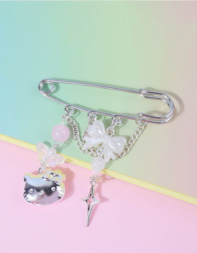 Брошка булавка з підвіскою у вигляді Кітті та банта і ланцюжком | 264535-70-XX - A-SHOP