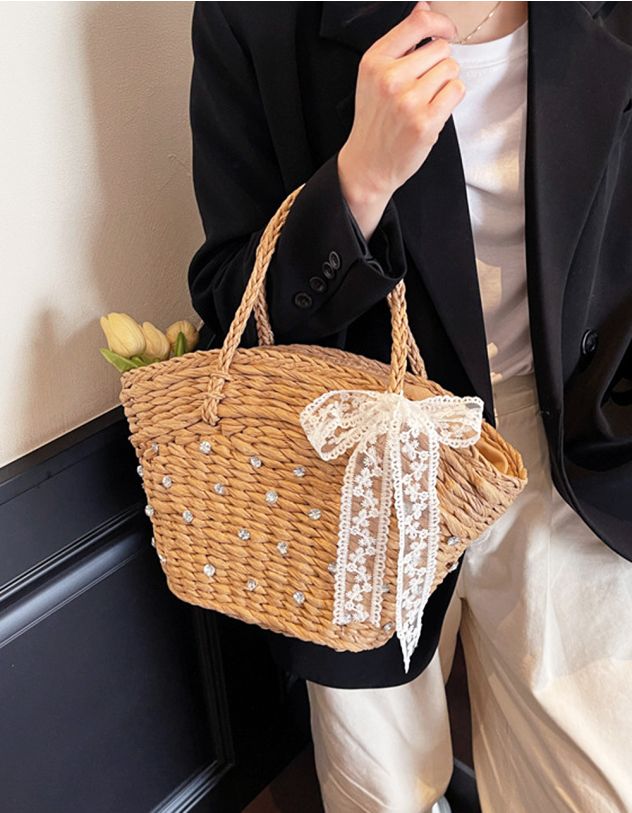Сумка шопер зі штучної соломи з мереживним бантом у стразах | 264758-22-XX - A-SHOP