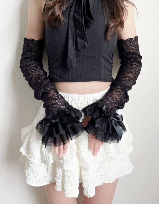 Мітенки високі мереживні з бантом | 265007-02-XX - A-SHOP