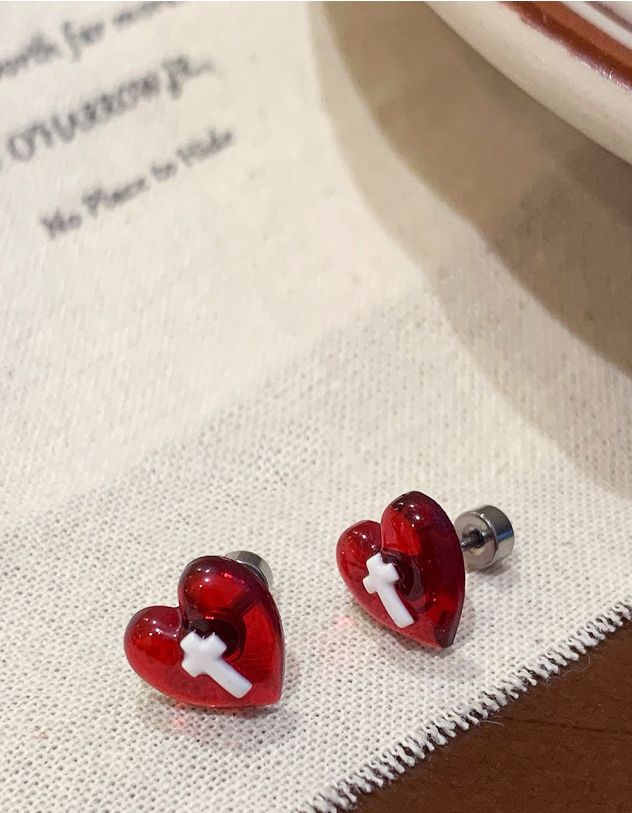 Сережки пусети у вигляді серця з хрестом | 263392-15-XX - A-SHOP