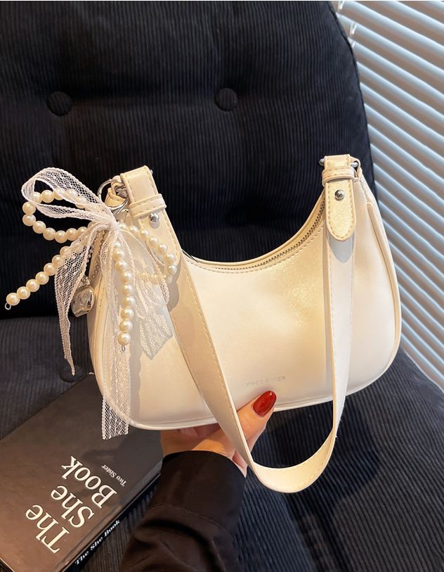 Сумка багет з мереживом та бантом із перлин | 265313-40-XX - A-SHOP