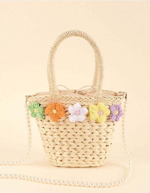 Сумка на плече плетена з квітами та ланцюжком із перлин | 253495-40-XX - A-SHOP