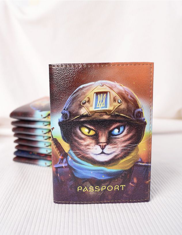 Обкладинка на паспорт з принтом кота з тризубом | 253274-21-XX - A-SHOP