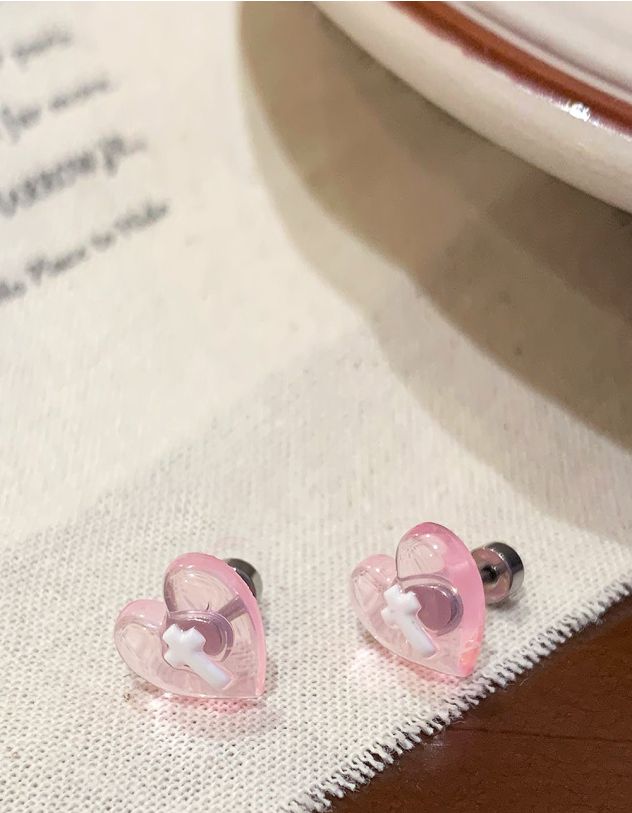 Сережки пусети у вигляді серця з хрестом | 263392-14-XX - A-SHOP