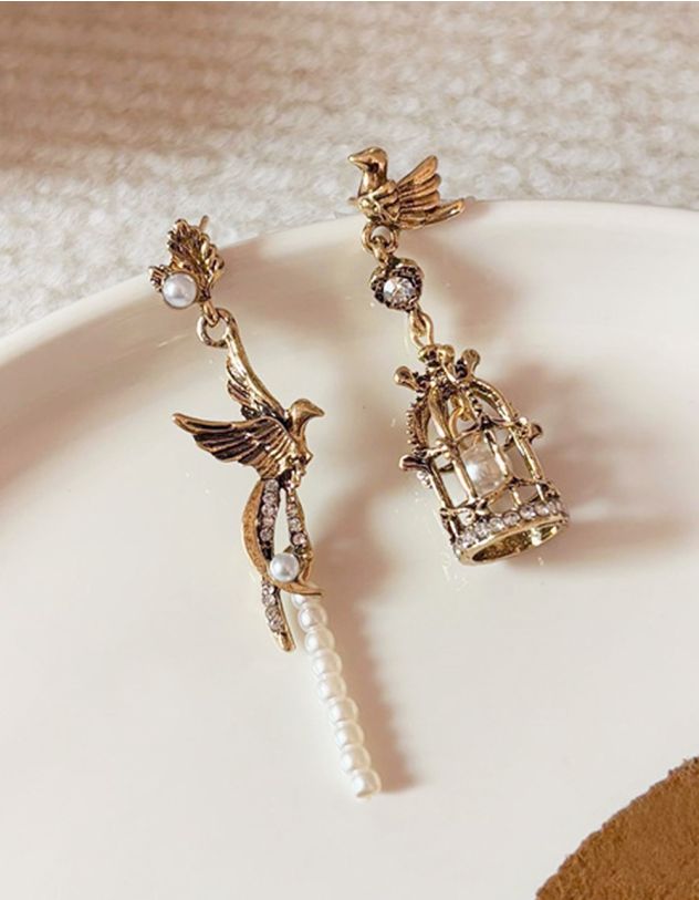 Сережки довгі у вигляді птаха з перлинами та клітки | 263847-10-XX - A-SHOP