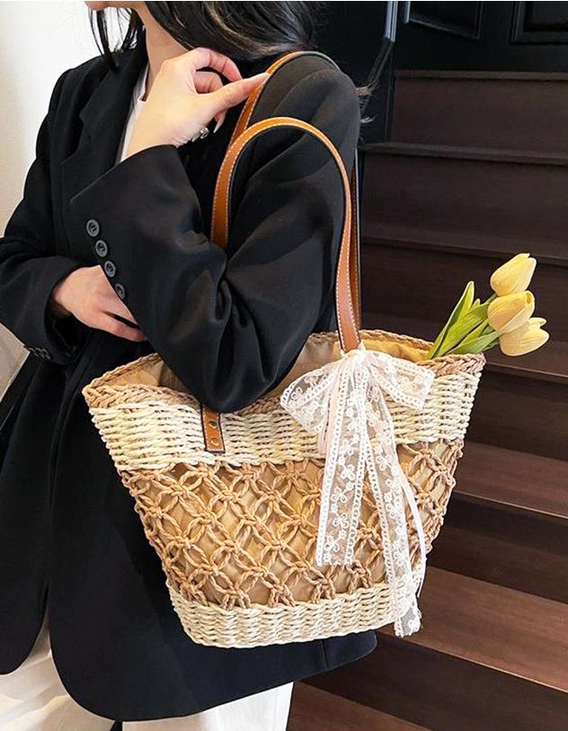 Сумка шопер зі штучної соломи з мереживним бантом | 264757-22-XX - A-SHOP