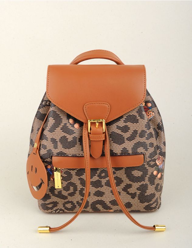Рюкзак з леопардовим принтом та ведмедиками і  брелоком у вигляді смайлика | 258043-12-XX - A-SHOP