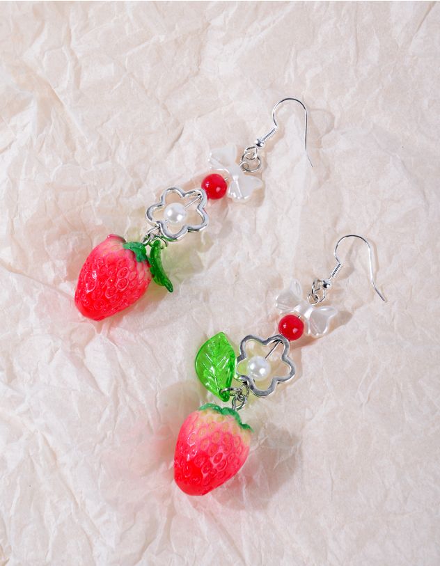 Сережки довгі  у вигляді полуниці з бантом та перлинами | 266120-15-XX - A-SHOP